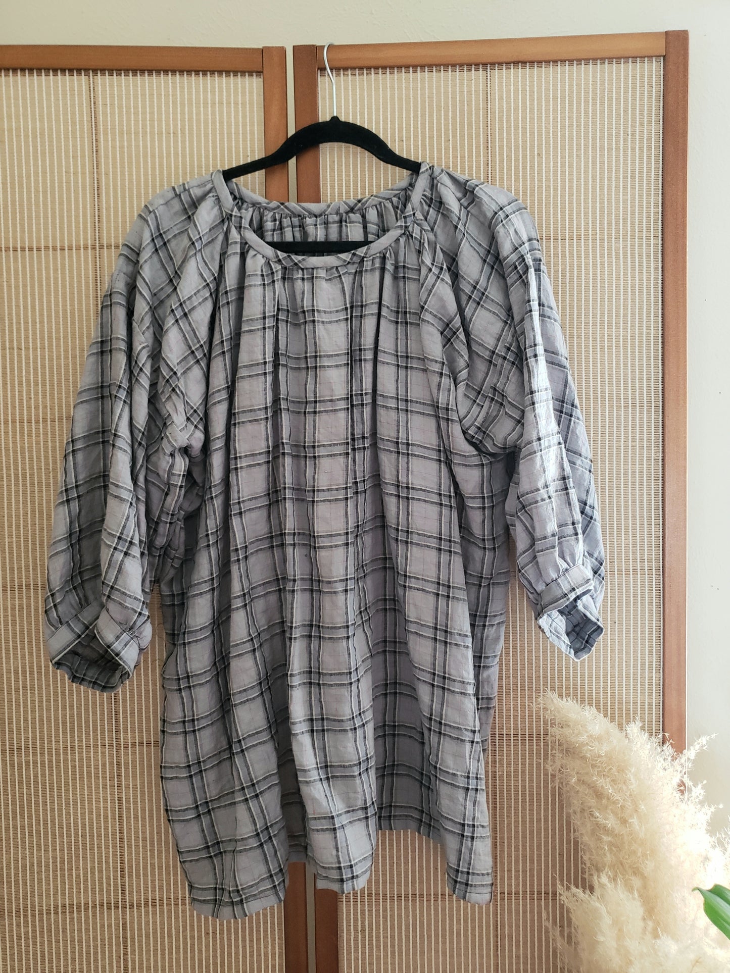 Long Sleeve Grey Plaid Photinia Tunic (Hand Sewn + Zero Waste)