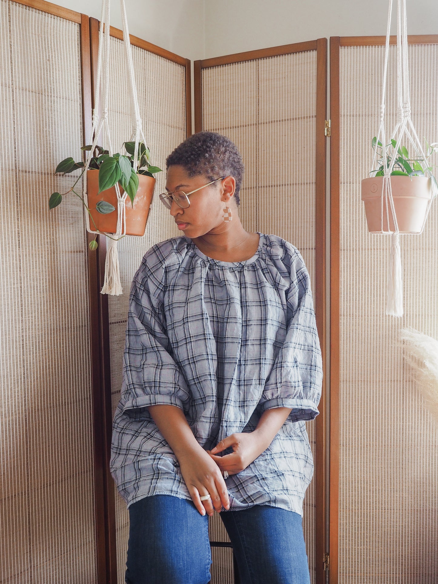 Long Sleeve Grey Plaid Photinia Tunic (Hand Sewn + Zero Waste)