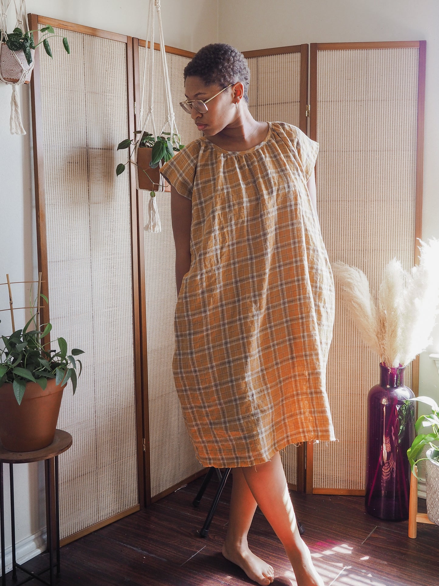 Sleeveless Mustard Plaid Photinia Dress (Zero Waste)